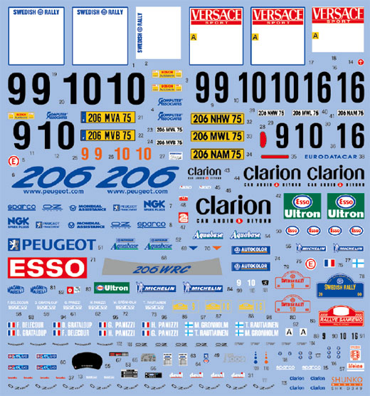 シュンコモデル SHK-D349 1/24 ワークスチーム206 2000スウェーデン/サンレモ デカールセット