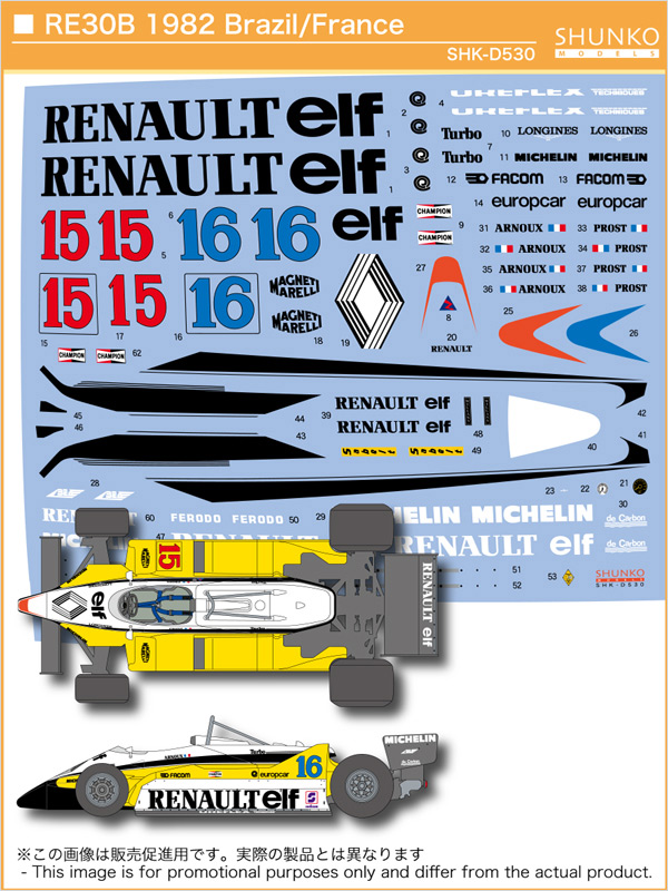 SHUNKO MODELS シュンコウモデル SHK-D530 1/20 ルノー RE30B 1982ブラジル/フランス デカールセット タミヤ対応